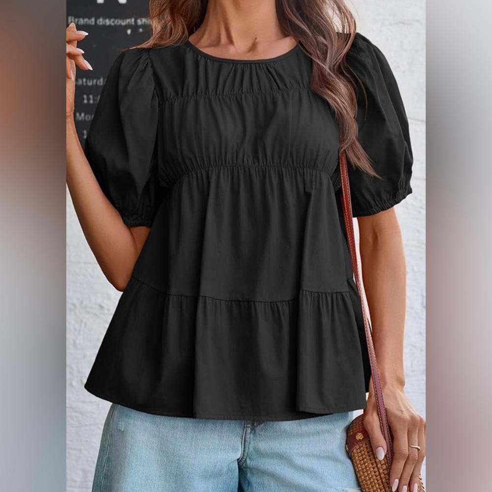 NWT Tankaneo Puff Sleeve Peplum Babydoll Tops Summer Smoked Pleated Cotton XXL